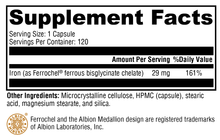 Load image into Gallery viewer, Iron Glycinate 120 Capsules Supplement Facts